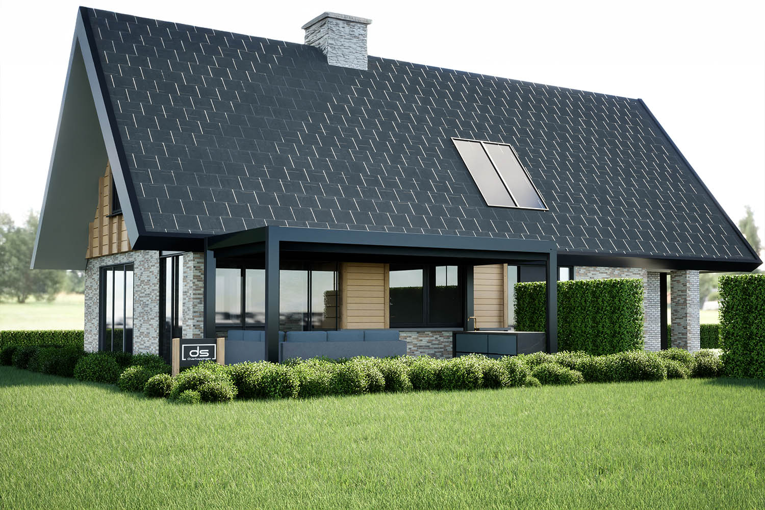 Stijlvolle Flatroof Cube overkapping in een moderne tuin.