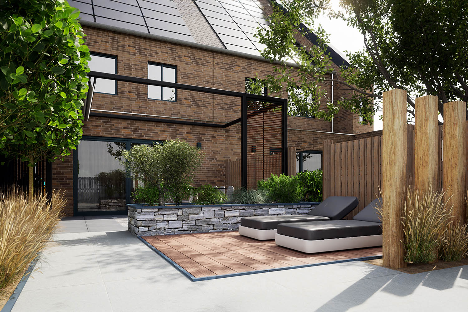 Flatroof Cube met geïntegreerde verlichting tijdens de avonduren.