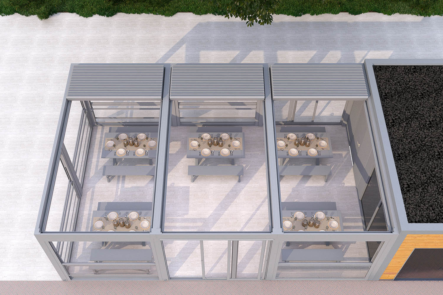 Flatroof Cube met gedeeltelijk geopende lamellen voor optimale lichtinval.